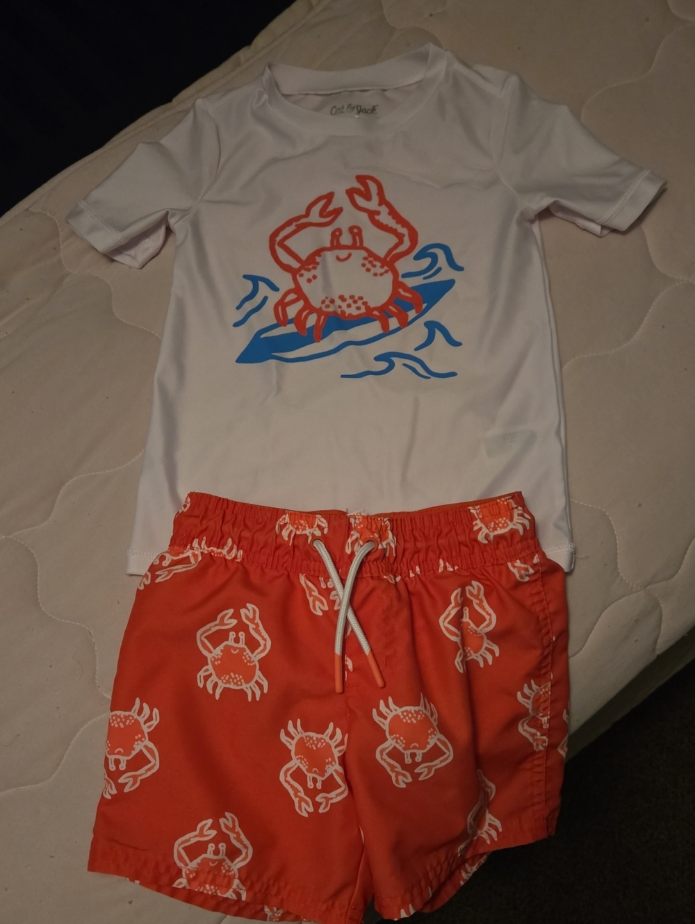Cat & Jack White Rash Guard with Orange Crab & Blue Wave Swim Shorts Set